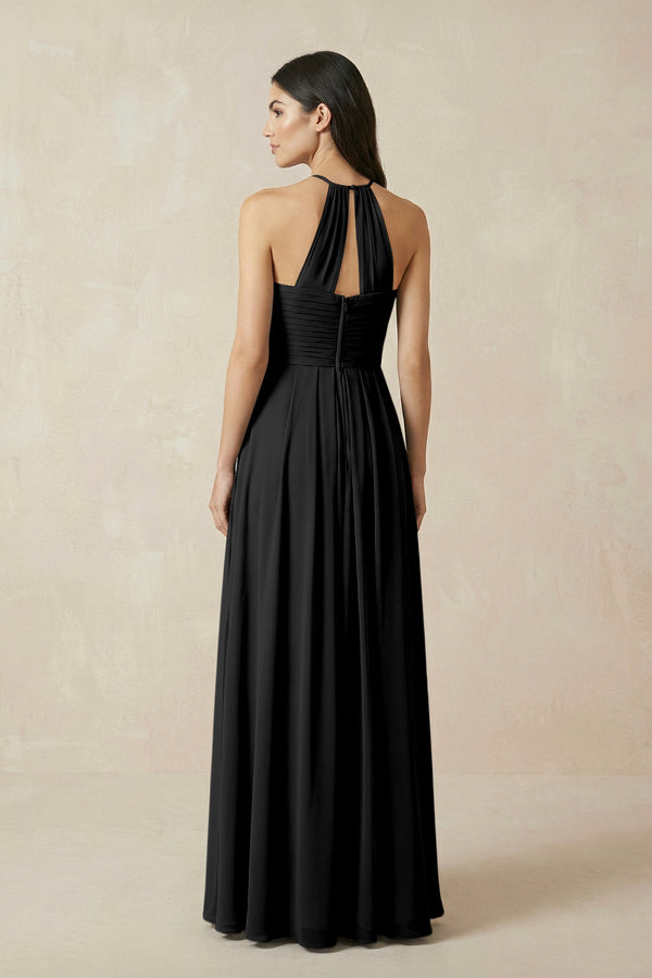 A-Line Halter Neck Pleated Chiffon Bridesmaid Dress in Black - KISS BRIDAL BRIDESMAID DRESSES