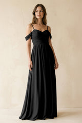 A-Line Off-the-Shoulder Pleated Chiffon Bridesmaid Dress in Black - KISS BRIDAL BRIDESMAID DRESSES