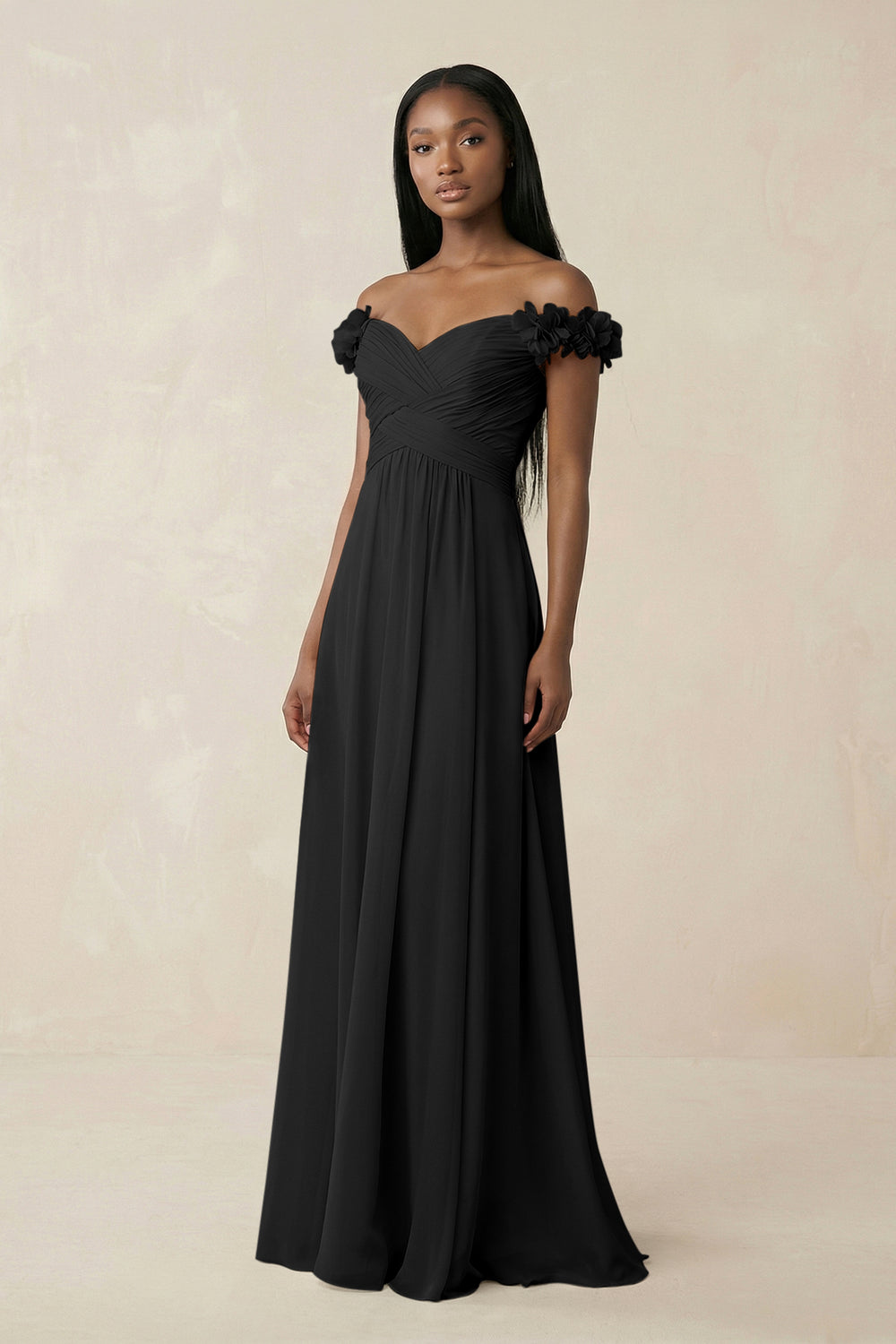 Pleated Off-the-Shoulder A-Line Chiffon Bridesmaid Dress in Black