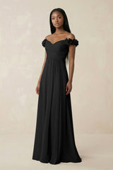 Pleated Off - the - Shoulder A - Line Chiffon Bridesmaid Dress in Black - KISS BRIDAL Bridesmaid Dresses