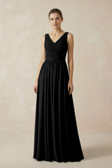 A-Line V-Neck Pleated Chiffon Bridesmaid Dress in Black - KISS BRIDAL BRIDESMAID DRESSES