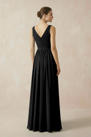 A-Line V-Neck Pleated Chiffon Bridesmaid Dress in Black - SHE IS ME BRIDESMAID DRESSES