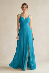 Pleated A-Line Long Chiffon Bridesmaid Dress in Blue Jay