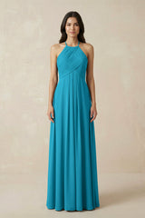 A-Line Halter Neck Pleated Chiffon Bridesmaid Dress in Blue Jay - KISS BRIDAL BRIDESMAID DRESSES