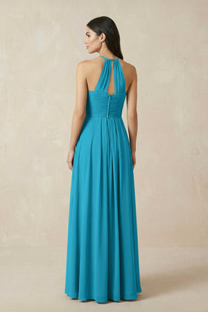 A-Line Halter Neck Pleated Chiffon Bridesmaid Dress in Blue Jay - KISS BRIDAL BRIDESMAID DRESSES