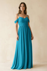 A-Line Off-the-Shoulder Pleated Chiffon Bridesmaid Dress in Blue Jay - KISS BRIDAL BRIDESMAID DRESSES