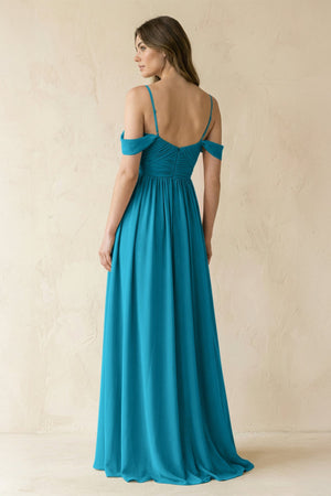 A-Line Off-the-Shoulder Pleated Chiffon Bridesmaid Dress in Blue Jay - SHE IS ME BRIDESMAID DRESSES