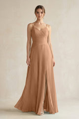 Pleated A-Line Long Chiffon Bridesmaid Dress in Bronzer