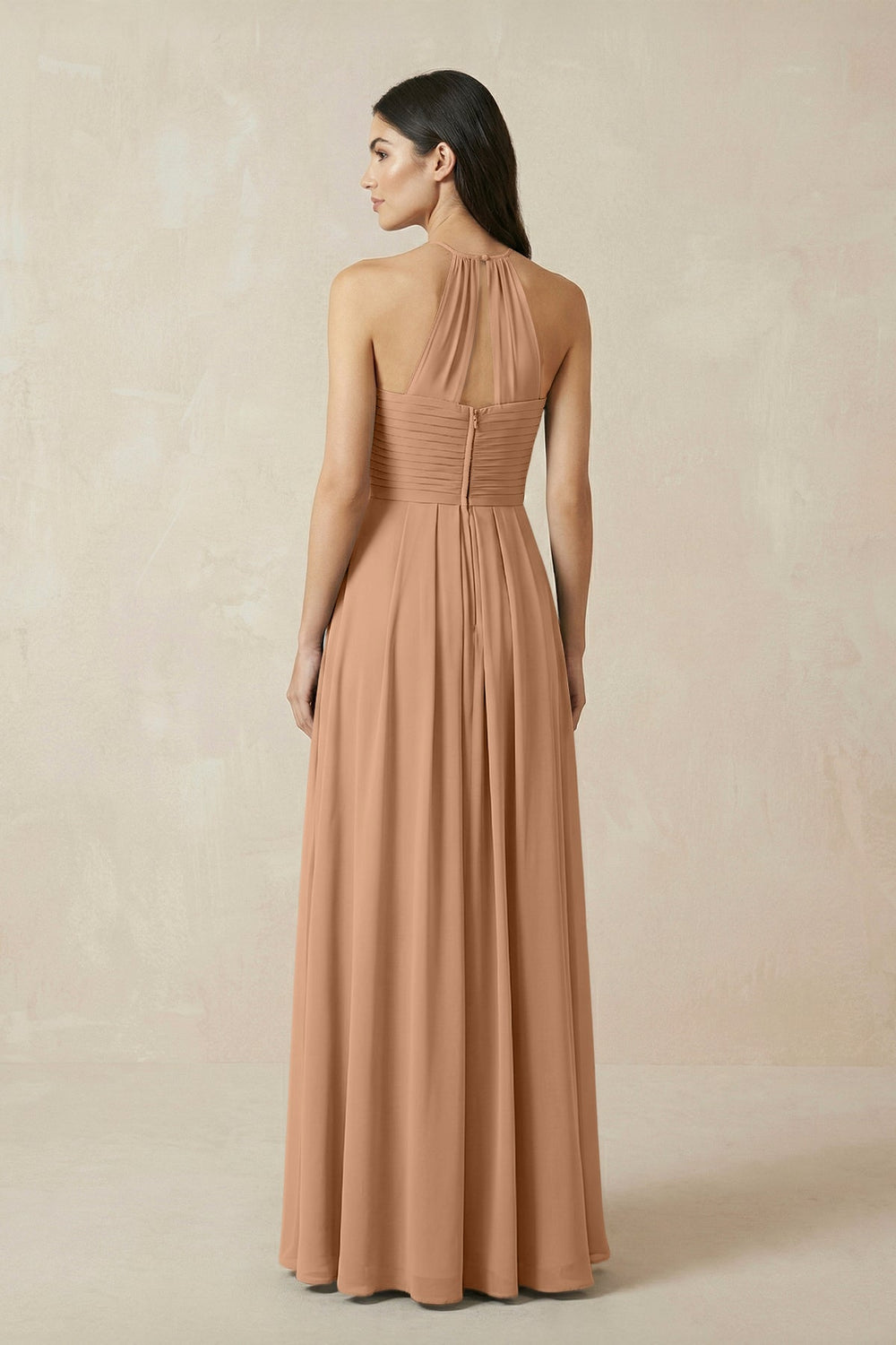 A-Line Halter Neck Pleated Chiffon Bridesmaid Dress in Bronzer - KISS BRIDAL BRIDESMAID DRESSES