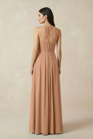 A-Line Halter Neck Pleated Chiffon Bridesmaid Dress in Bronzer - KISS BRIDAL BRIDESMAID DRESSES