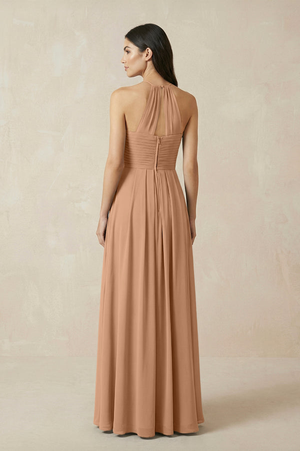 A-Line Halter Neck Pleated Chiffon Bridesmaid Dress in Bronzer - KISS BRIDAL BRIDESMAID DRESSES