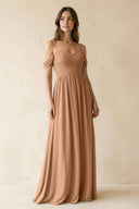 A-Line Off-the-Shoulder Pleated Chiffon Bridesmaid Dress in Bronzer - SHE IS ME BRIDESMAID DRESSES