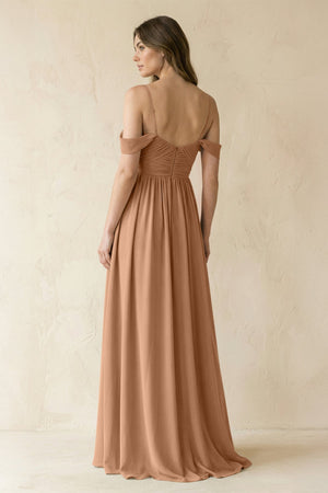 A-Line Off-the-Shoulder Pleated Chiffon Bridesmaid Dress in Bronzer - SHE IS ME BRIDESMAID DRESSES