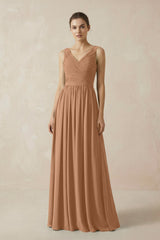 A-Line V-Neck Pleated Chiffon Bridesmaid Dress in Bronzer - KISS BRIDAL BRIDESMAID DRESSES