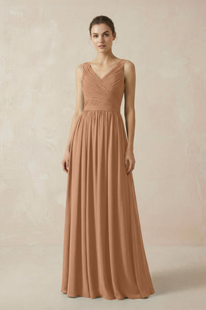 A-Line V-Neck Pleated Chiffon Bridesmaid Dress in Bronzer - SHE IS ME BRIDESMAID DRESSES