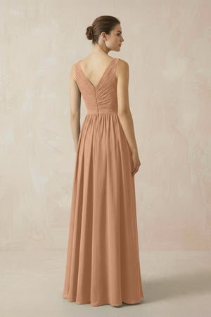 A-Line V-Neck Pleated Chiffon Bridesmaid Dress in Bronzer - SHE IS ME BRIDESMAID DRESSES