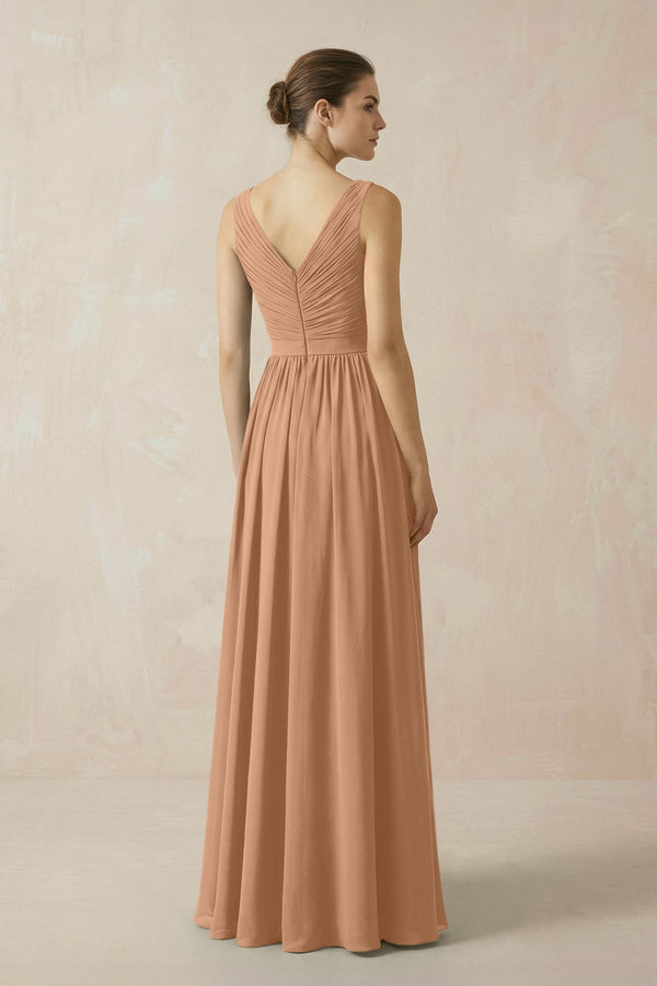 A-Line V-Neck Pleated Chiffon Bridesmaid Dress in Bronzer - SHE IS ME BRIDESMAID DRESSES