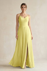Pleated A-Line Long Chiffon Bridesmaid Dress in Buttercup