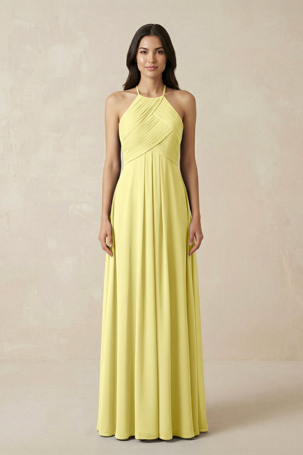 A-Line Halter Neck Pleated Chiffon Bridesmaid Dress in Buttercup - KISS BRIDAL BRIDESMAID DRESSES