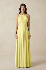 A-Line Halter Neck Pleated Chiffon Bridesmaid Dress in Buttercup - KISS BRIDAL BRIDESMAID DRESSES