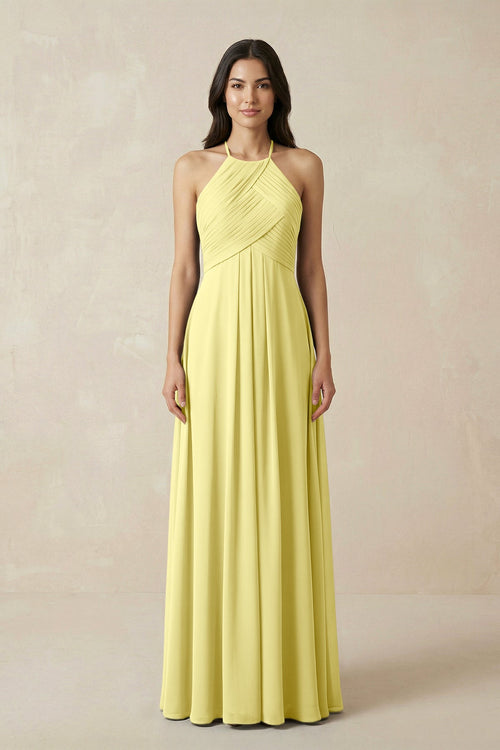A-Line Halter Neck Pleated Chiffon Bridesmaid Dress in Buttercup - KISS BRIDAL BRIDESMAID DRESSES