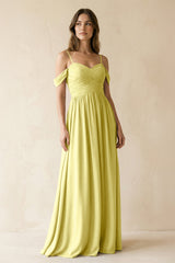 A-Line Off-the-Shoulder Pleated Chiffon Bridesmaid Dress in Buttercup - KISS BRIDAL BRIDESMAID DRESSES