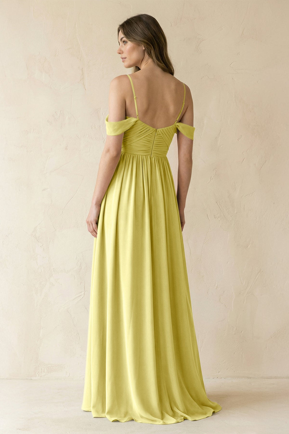 A-Line Off-the-Shoulder Pleated Chiffon Bridesmaid Dress in Buttercup - KISS BRIDAL BRIDESMAID DRESSES