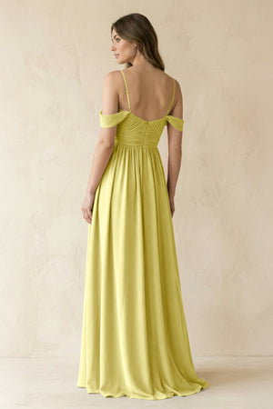 A-Line Off-the-Shoulder Pleated Chiffon Bridesmaid Dress in Buttercup - SHE IS ME BRIDESMAID DRESSES