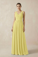 A-Line V-Neck Pleated Chiffon Bridesmaid Dress in Buttercup - SHE IS ME BRIDESMAID DRESSES