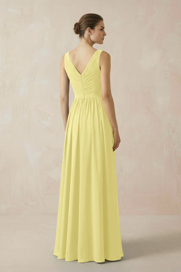 A-Line V-Neck Pleated Chiffon Bridesmaid Dress in Buttercup - SHE IS ME BRIDESMAID DRESSES