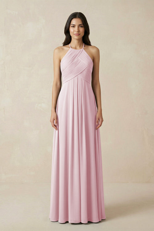 A-Line Halter Neck Pleated Chiffon Bridesmaid Dress in Candy Pink - KISS BRIDAL BRIDESMAID DRESSES
