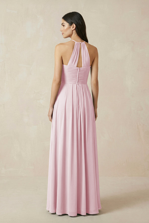A-Line Halter Neck Pleated Chiffon Bridesmaid Dress in Candy Pink - KISS BRIDAL BRIDESMAID DRESSES