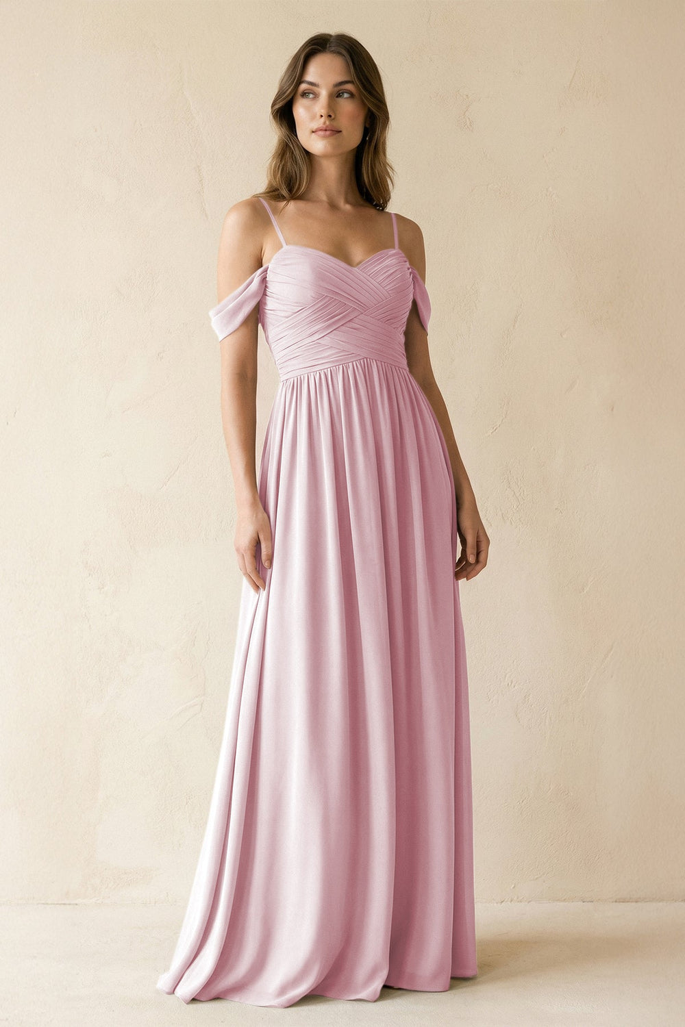 A-Line Off-the-Shoulder Pleated Chiffon Bridesmaid Dress in Candy Pink - KISS BRIDAL BRIDESMAID DRESSES