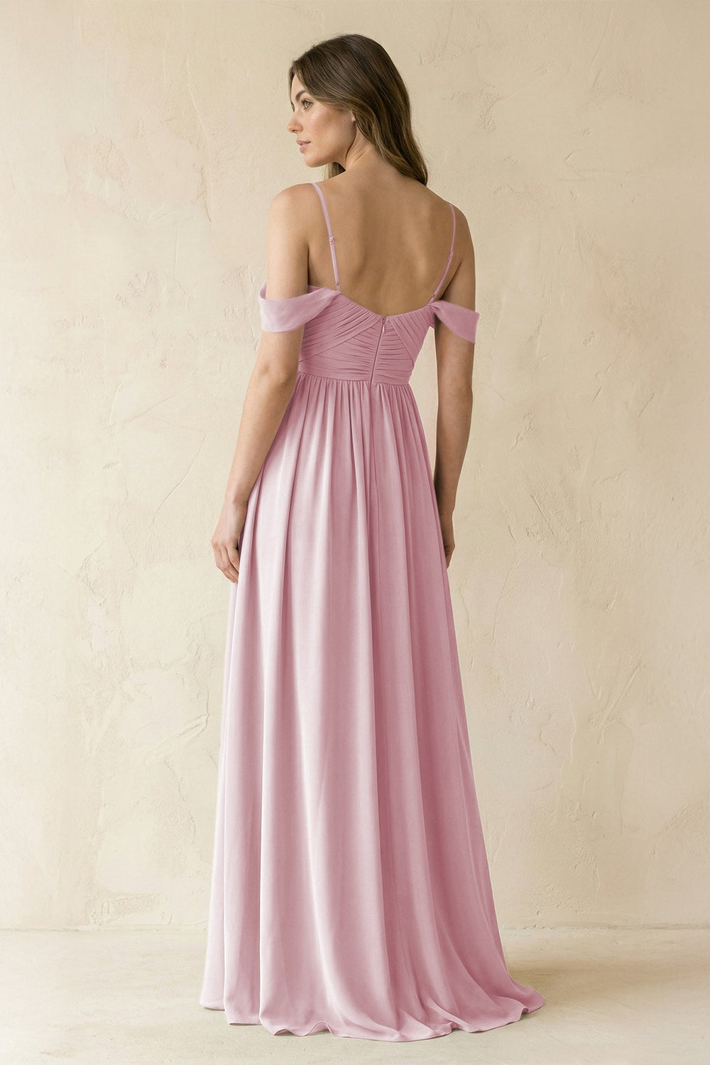 A-Line Off-the-Shoulder Pleated Chiffon Bridesmaid Dress in Candy Pink - KISS BRIDAL BRIDESMAID DRESSES