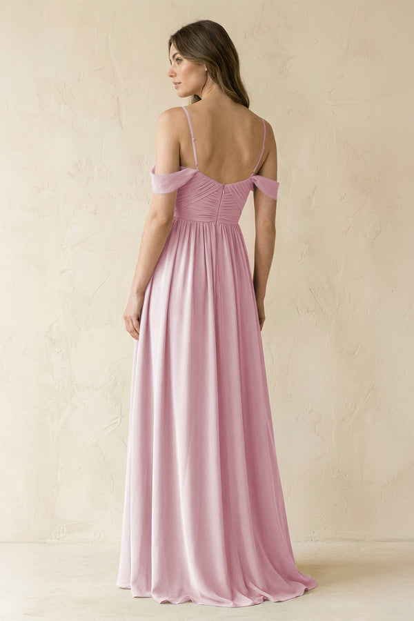 A-Line Off-the-Shoulder Pleated Chiffon Bridesmaid Dress in Candy Pink - SHE IS ME BRIDESMAID DRESSES