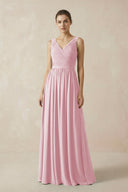 A-Line V-Neck Pleated Chiffon Bridesmaid Dress in Candy Pink - SHE IS ME BRIDESMAID DRESSES