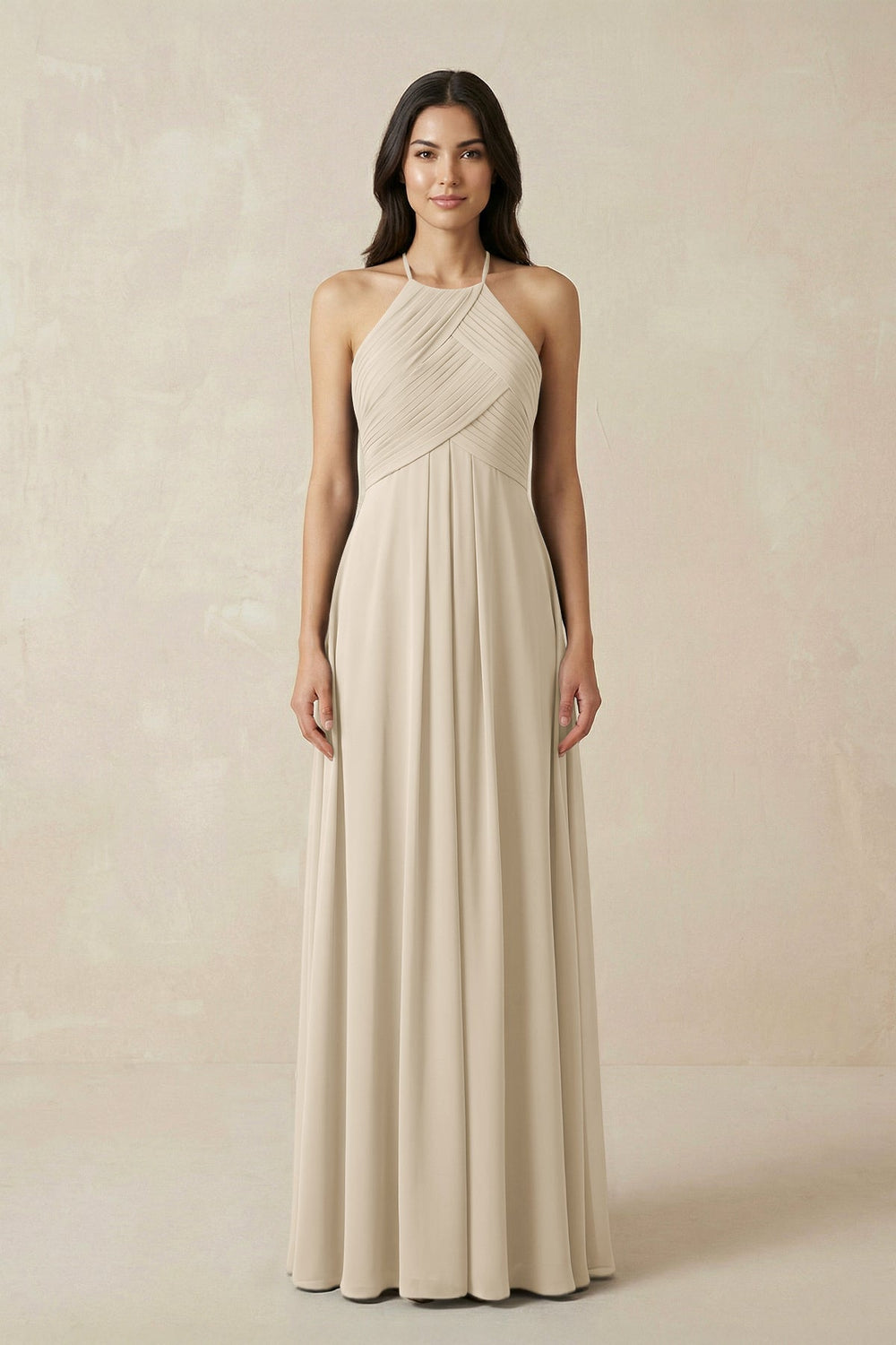 A-Line Halter Neck Pleated Chiffon Bridesmaid Dress in Champagne - KISS BRIDAL BRIDESMAID DRESSES