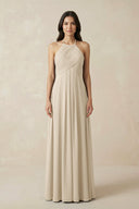A-Line Halter Neck Pleated Chiffon Bridesmaid Dress in Champagne - KISS BRIDAL BRIDESMAID DRESSES