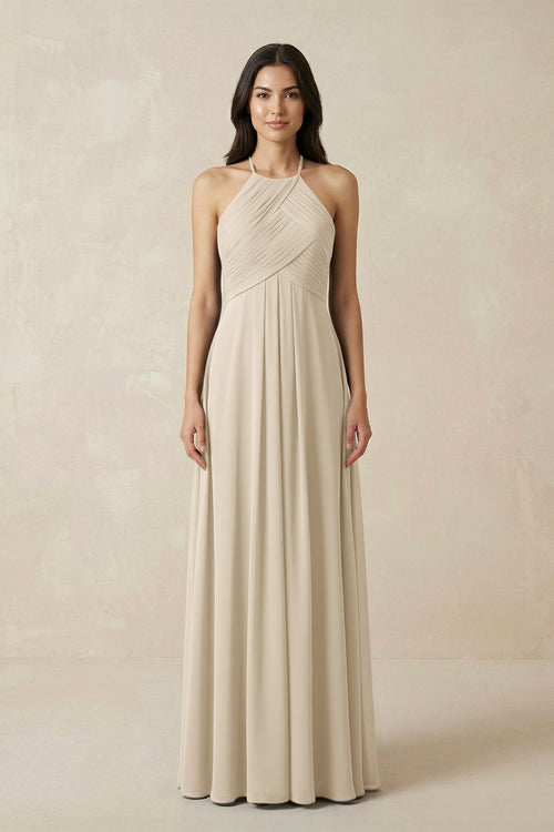A-Line Halter Neck Pleated Chiffon Bridesmaid Dress in Champagne - KISS BRIDAL BRIDESMAID DRESSES