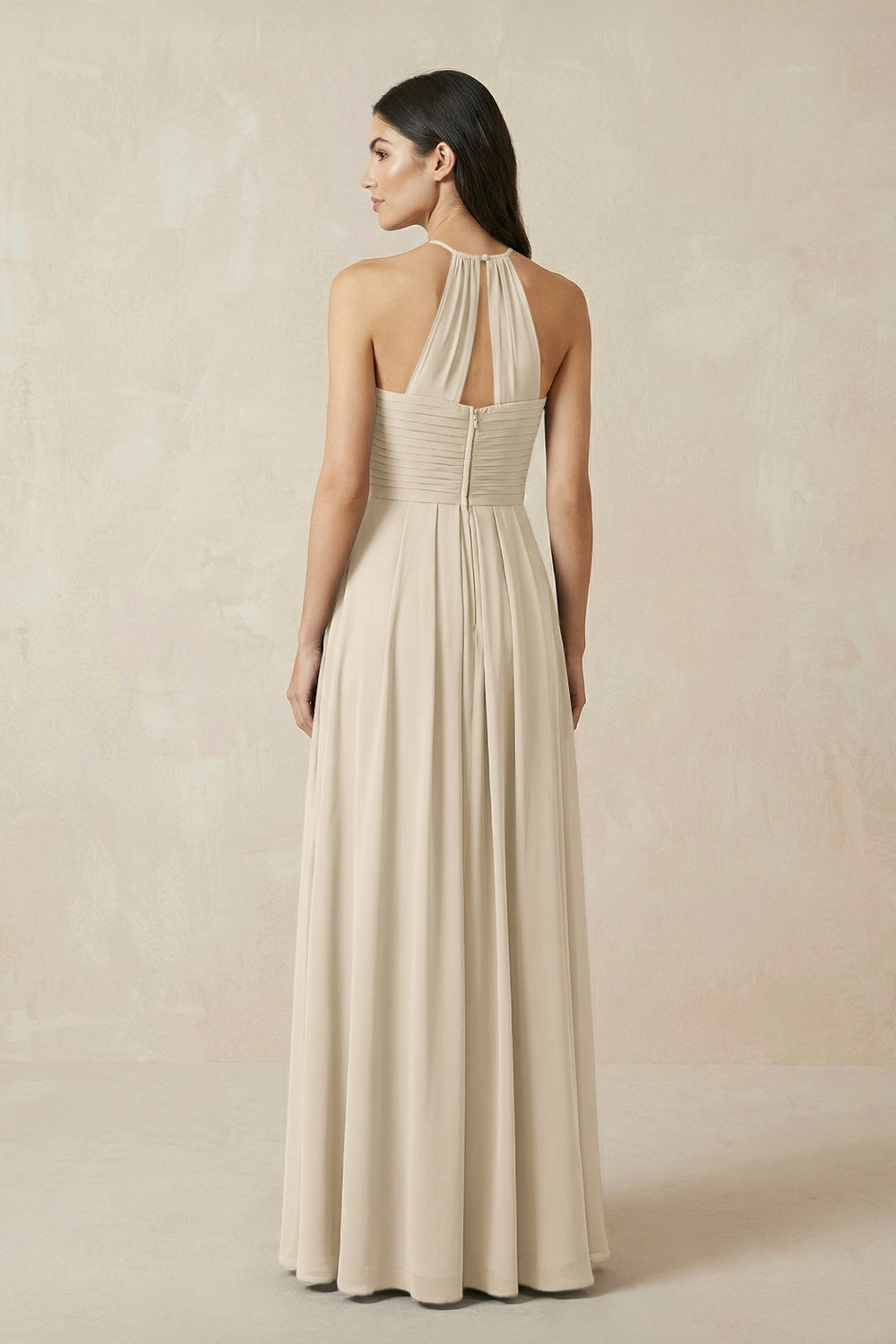 A-Line Halter Neck Pleated Chiffon Bridesmaid Dress in Champagne - KISS BRIDAL BRIDESMAID DRESSES