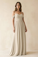 A-Line Off-the-Shoulder Pleated Chiffon Bridesmaid Dress in Champagne - SHE IS ME BRIDESMAID DRESSES