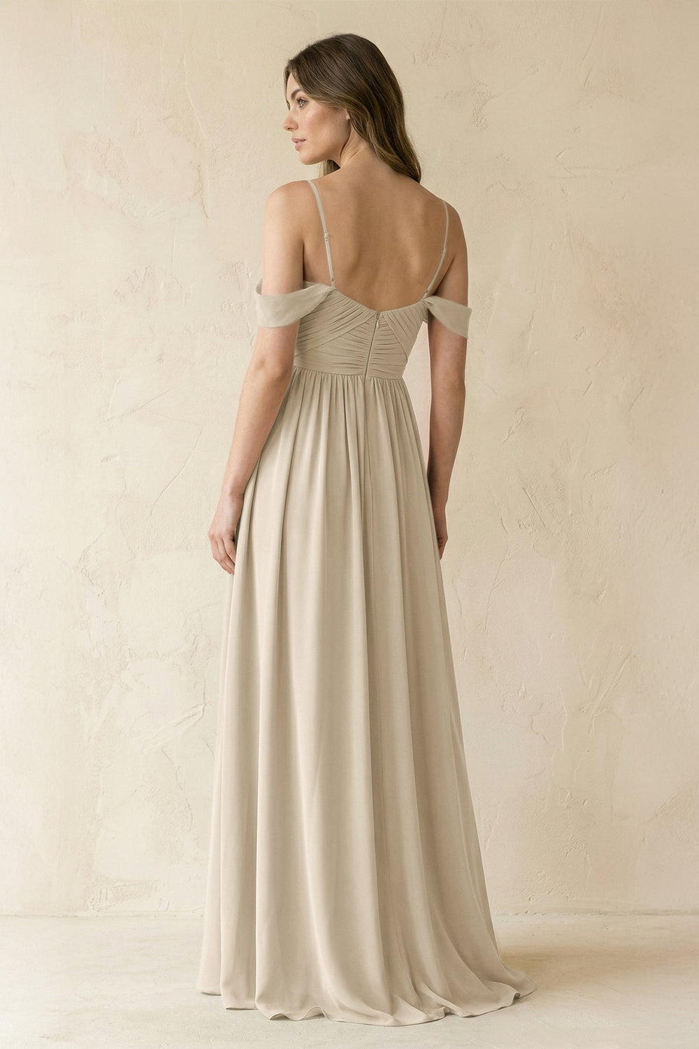 A-Line Off-the-Shoulder Pleated Chiffon Bridesmaid Dress in Champagne - KISS BRIDAL BRIDESMAID DRESSES