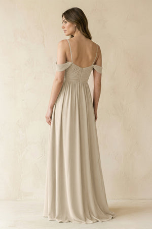 A-Line Off-the-Shoulder Pleated Chiffon Bridesmaid Dress in Champagne - SHE IS ME BRIDESMAID DRESSES