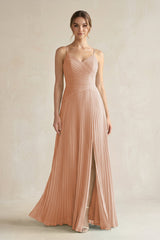 Pleated A-Line Long Chiffon Bridesmaid Dress in Champagne Rose