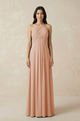 A-Line Halter Neck Pleated Chiffon Bridesmaid Dress in Champagne Rose - KISS BRIDAL BRIDESMAID DRESSES