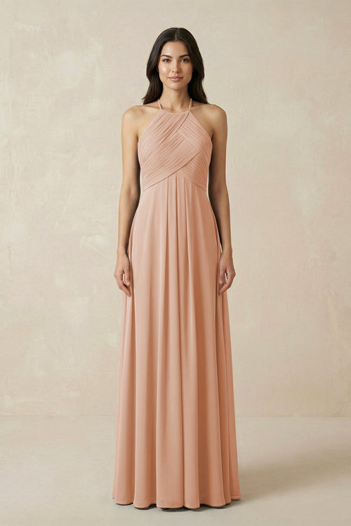 A-Line Halter Neck Pleated Chiffon Bridesmaid Dress in Champagne Rose - SHE IS ME BRIDESMAID DRESSES