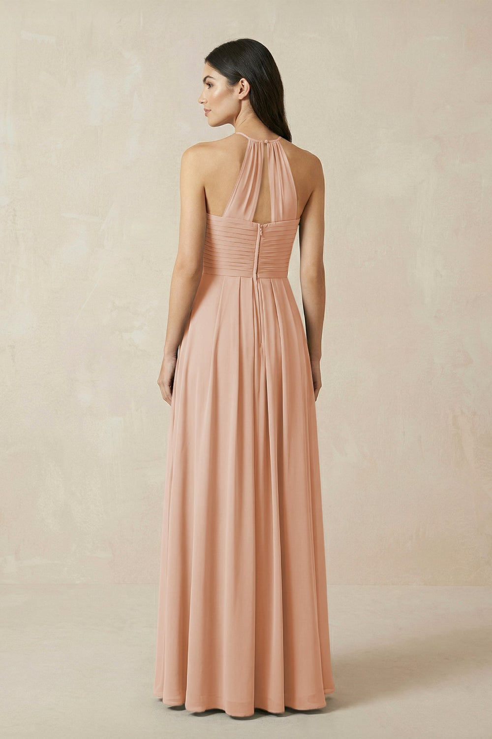 A-Line Halter Neck Pleated Chiffon Bridesmaid Dress in Champagne Rose - KISS BRIDAL BRIDESMAID DRESSES