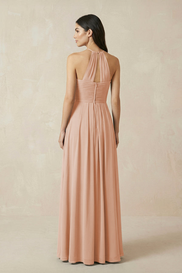 A-Line Halter Neck Pleated Chiffon Bridesmaid Dress in Champagne Rose - SHE IS ME BRIDESMAID DRESSES