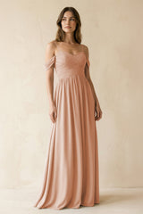 A-Line Off-the-Shoulder Pleated Chiffon Bridesmaid Dress in Champagne Rose - KISS BRIDAL BRIDESMAID DRESSES
