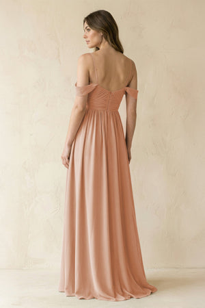 A-Line Off-the-Shoulder Pleated Chiffon Bridesmaid Dress in Champagne Rose - SHE IS ME BRIDESMAID DRESSES